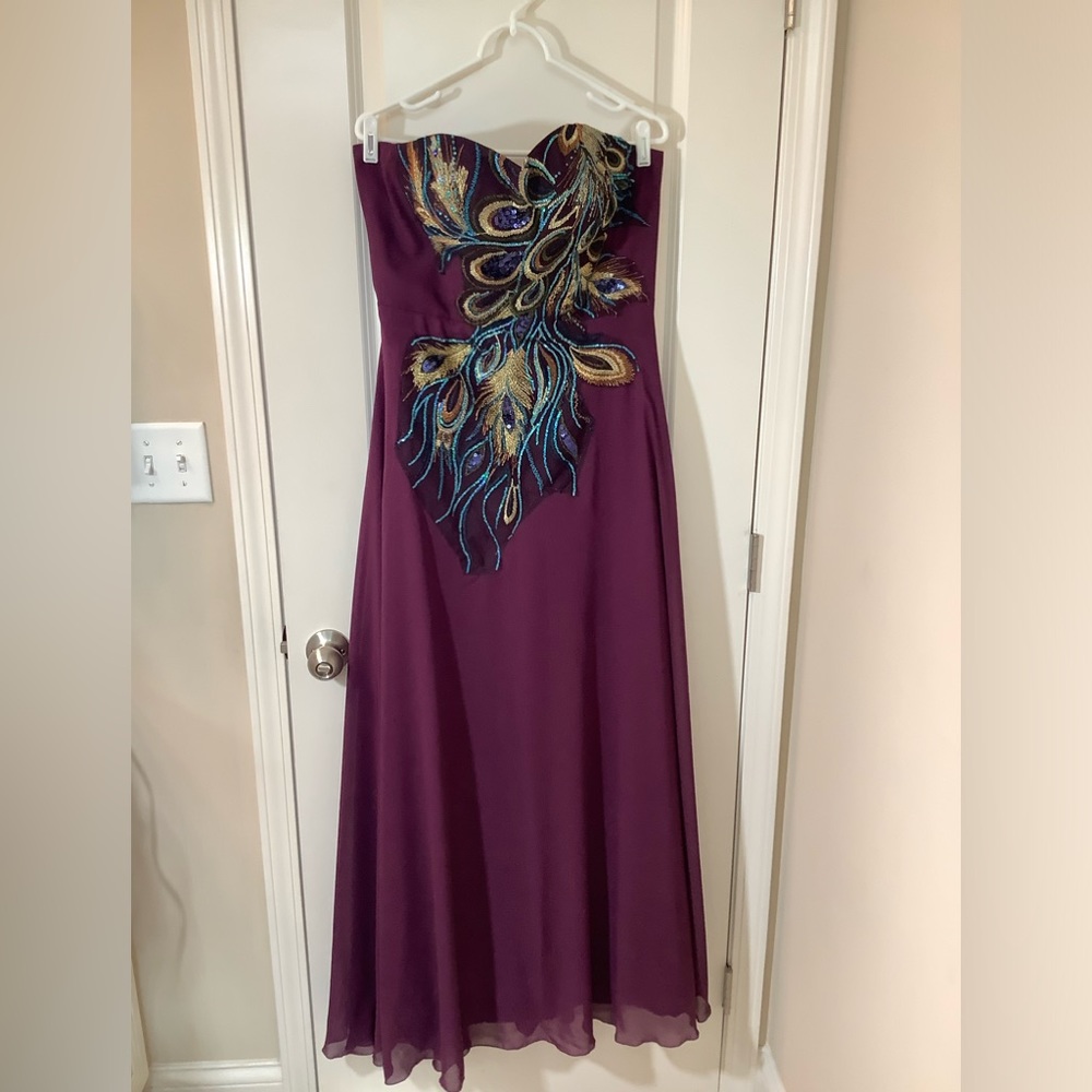 Handmade Prom,Pageant or Evening Gown with embroidered & sequined peacock panel